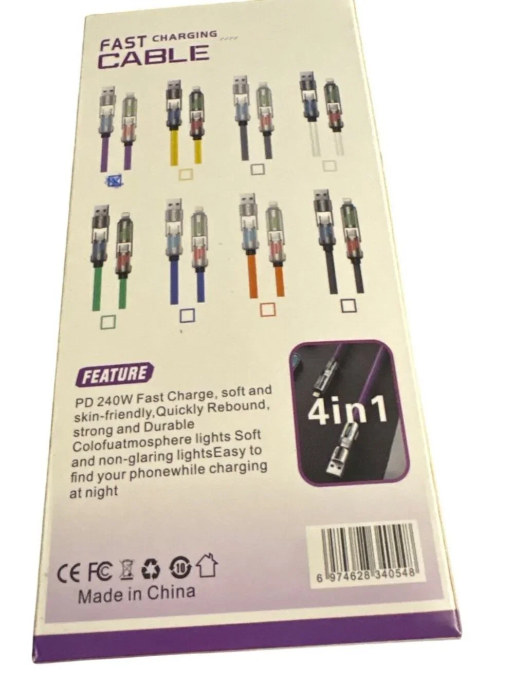 Fast Charging With LED Lights 4-In-1 USB-A To Fast Speed Type-C Cable 240W